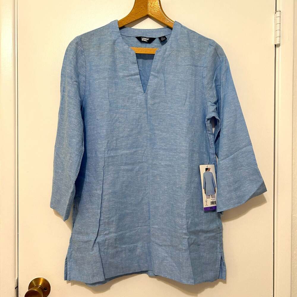 Lands' End Split Neck 3/4 Sleeve Tunic Size XS Soft Blue Linen Blend